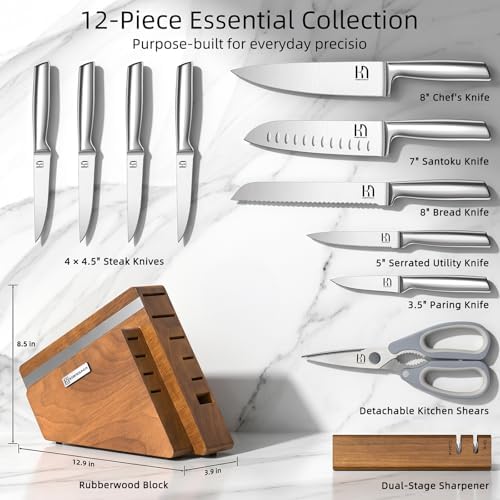 KnifeSaga 12-Piece Kitchen Knife Set with Block and Sharpener
