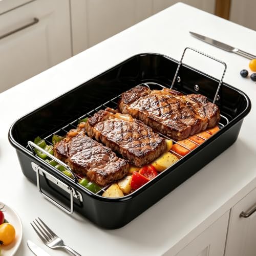 Turkey Roasting Pan with Rack for Oven 16" * 11" Carbon Steel Roaster Pan