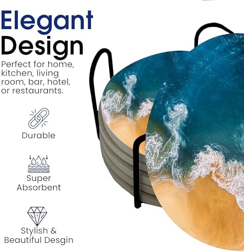 Ocean Coastal Theme Round Coasters Set of 6 - Abosrbent Ceramic