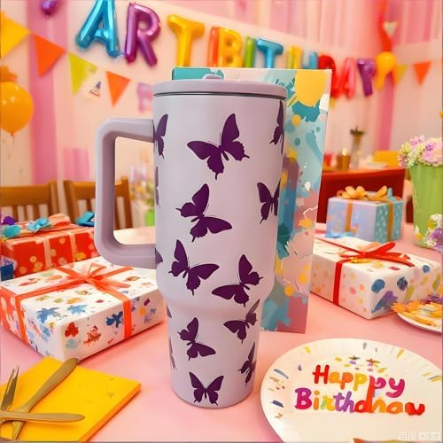 40OZ Butterfly Insulated Tumbler with Handle,Purple Tumbler with Lid