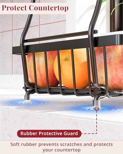 Large 2 Tier Fruit Basket for Kitchen Counter with 2 Banana Hangers, Black
