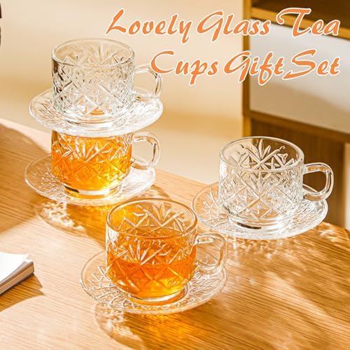 Atarvana 6 Pack Glass Tea Cups and Saucers Set with Spoons, Glazeal