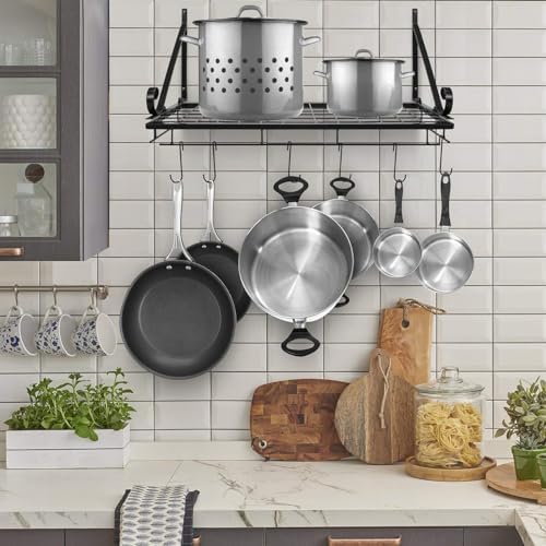 Sorbus Hanging Pot Rack - Wall Mounted Pot Rack storage shelf hanging rack — Pots and Pans Rack shelf Organizer holder pot hanger - 10 S Hooks - kitchen cookware, utensils, pans, 2 DIY Methods (Black)