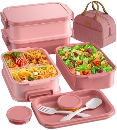 Adults Bento Lunch Box Set with Thermo Bag, 74oz Stackable Leak-proof