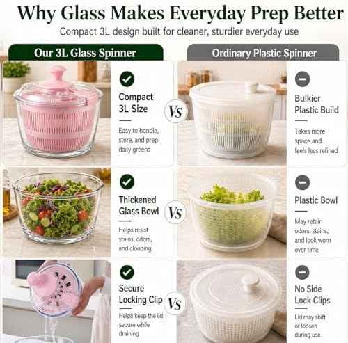 Glass Salad Spinner 3.2 Qt, Small Salad Spinner, Glass Bowl, Pink