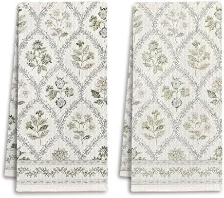 Boho Botanical Floral Kitchen Towels, Farmhouse Cottagecore Dish Tea