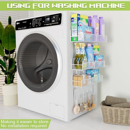 4 Pack Magnetic Shelves for Washing Machine with Hooks, White