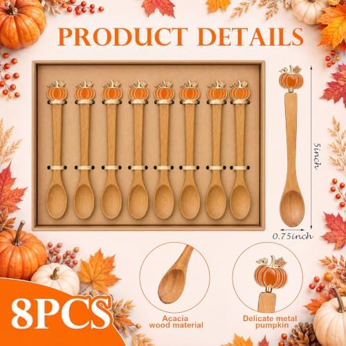 8 Pcs Fall Pumpkin Spoons 5'' Acacia Wood Spoon for Coffee Bar