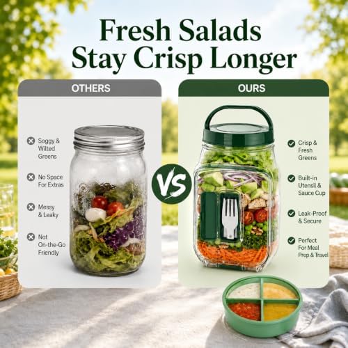 34 Oz(1L) Salad Jar with Side Opening, Salad Pod with Built-in Fork &