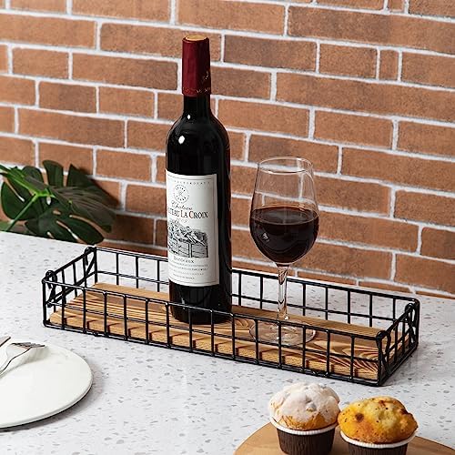 Rustic Torched Brown Wood Serving Tray Industrial Metal Wire Frame