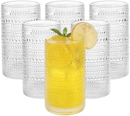 Vintage Hobnail Drinking Glasses Set of 6, 16 oz Large Capacity