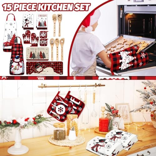 Whaline 15Pcs Christmas Kitchen Accessories Set Buffalo Plaid Snowman