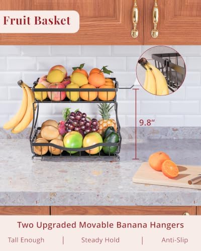 2-Tier Fruit Basket for Kitchen Counter with 2 Removable Banana Holders
