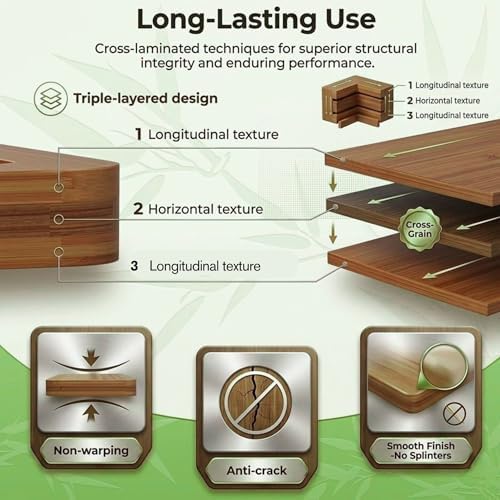 Bamboo Cutting Board Set of 3 with Juice Grooves, Built-in Handles &