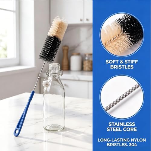 17 Inch Long Handle Bottle Brush, 2 Pack, 2" & 1.3" Brush Heads