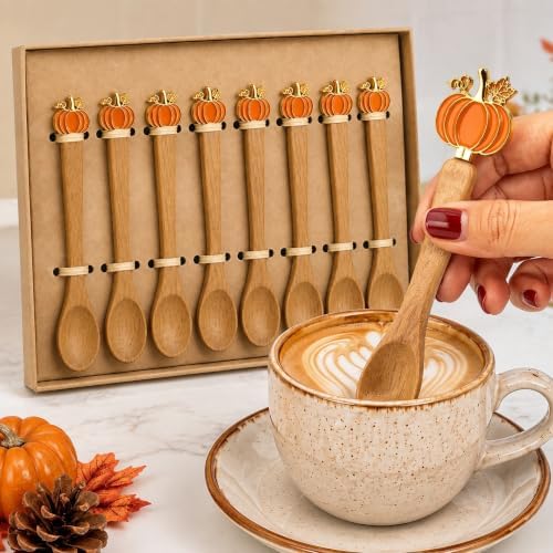 8 Pcs Fall Pumpkin Spoons 5'' Acacia Wood Spoon for Coffee Bar