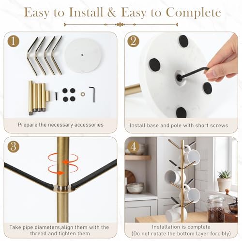 Gold Mug Holder Tree with Marble Base, 8 Hooks Coffee Cup Holder