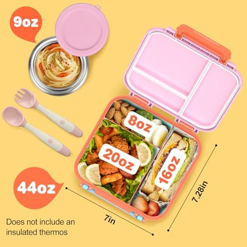 Bento Lunch Box for Kids with 9oz Thermo, Leak-proof Containers with 3