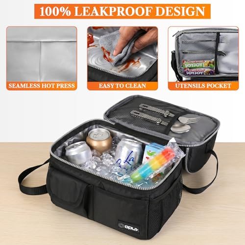 opux Insulated Lunch Bag Women Men, Dual Compartment Leakproof, Black