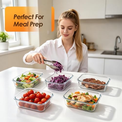5-Pack 36 oz Glass Storage Containers with Lids, Grey