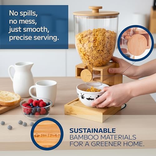 Bamboo Dispenser 3.5Liters (118 fl Oz) , Cereal Dispenser, Storage Container, Snack Bar Station, Dry Food Dispenser, Cereal Dispenser Countertop, House Essentials