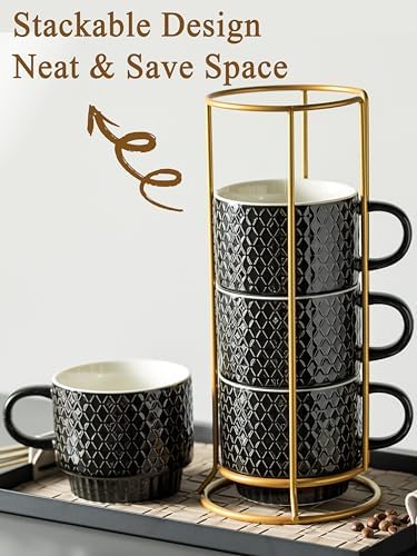 Gomakren Coffee Mugs Set of 4, 13oz Stackable Coffee Cups with Stand &
