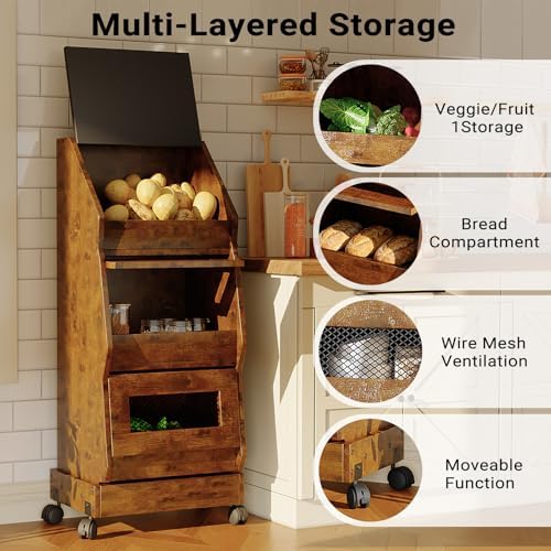 Potato and Onion Bin with Lid Movable Bread Box, Potato and Onion