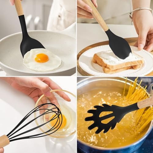 12-Piece Silicone Kitchen Utensils Set with Wooden Handle, Non-Stick &