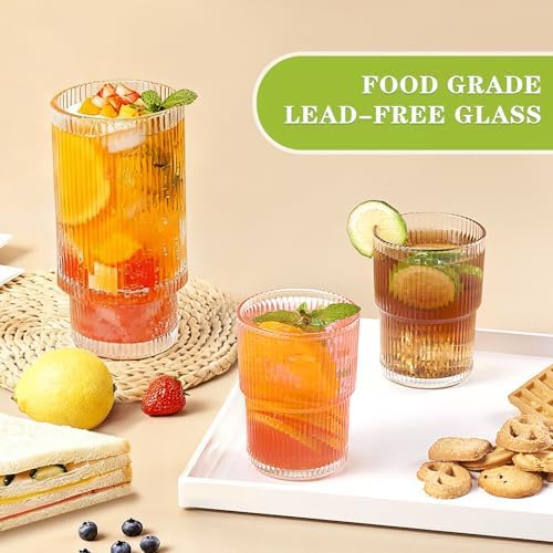Ribbed Drinking Glasses Set of 4, Stackable Glass Cups with 2 Tall