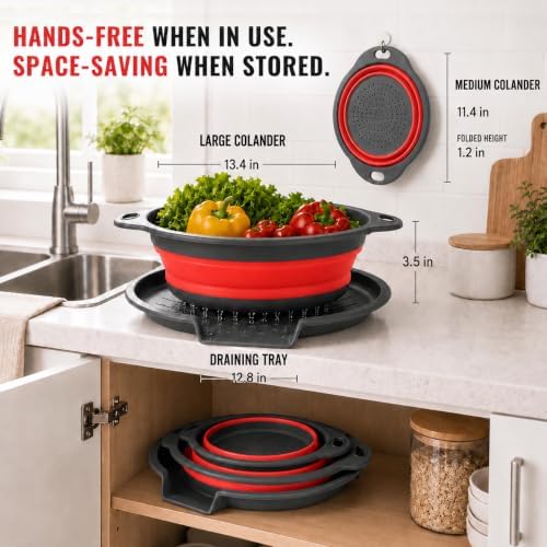 2 Collapsible Colanders with Self-Draining Tray (Red)