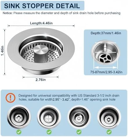 3-in-1 Kitchen Sink Stopper, Stainless Steel, Fits 3.5-Inch Drains