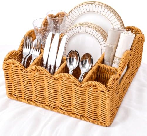 Hushee Wicker Utensil Caddy for Party, Silverware Caddy Paper Plate