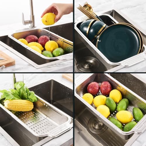 Stainless Steel Extendable Colander Strainer, Metal Washing Basket for