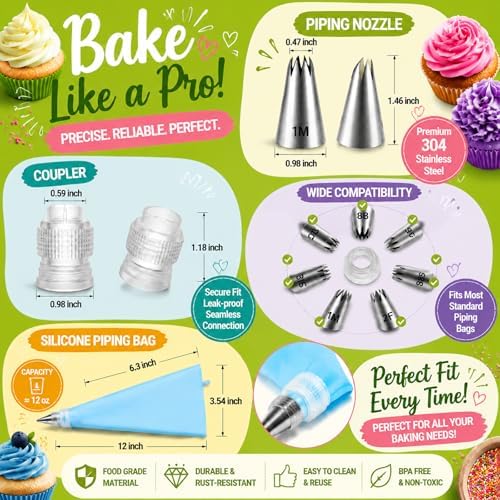 Hendiy Large Piping Tips Set, 2D 2F 1M 4B 1A 6B 853 with Reusable Bag