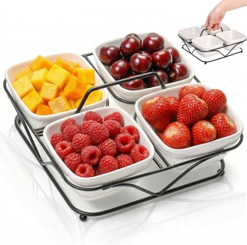 Pumtus Ceramic Divided Serving Dishes, 4 Removable Snack Bowls with Metal Stand, 9 Inch Appetizer Platter with Handle, Dip Bowls for Party, Condiment Serving Relish Tray for Chips & Dips, Nut, Candy