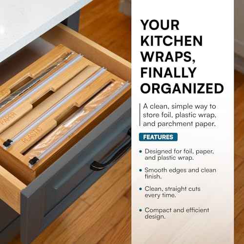Honey-Can-Do Bamboo Wrap Organizer with Safety Cutter — 3-in-1 Drawer Holder for Aluminum Foil, Wax & Parchment Paper, and Plastic Wrap (Fits 12" Rolls)