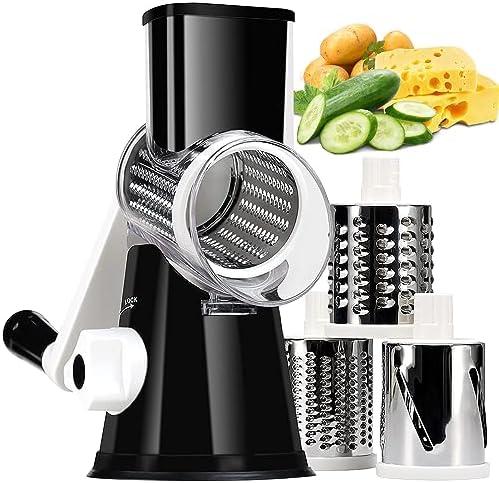 KEOUKE Rotary Cheese Grater, Black, 3 Stainless Steel Blades