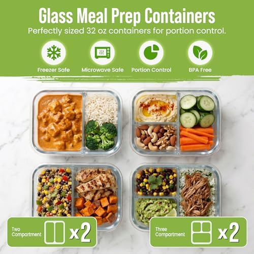 4-Pack 32 oz 2- and 3-Compartment Glass Meal Prep Containers