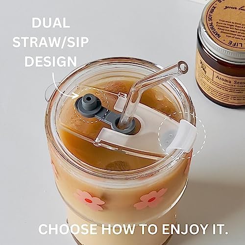 Olvini 13oz Glass Tumbler with Straw and Lid, Reusable Iced Coffee Cup
