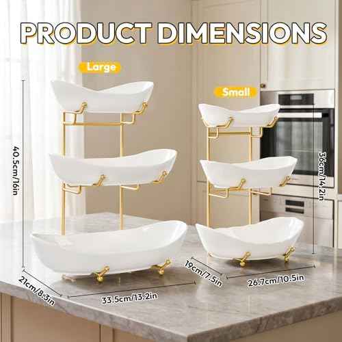 3 Tier Fruit Bowl for Kitchen Counter (PLUS edition) - Large Ceramic Fruit Basket with Metal Stand for Kitchen Countertop, Tiered Fruit Stand for Vegetable Storage, Cake, Snack, Dessert, Nuts