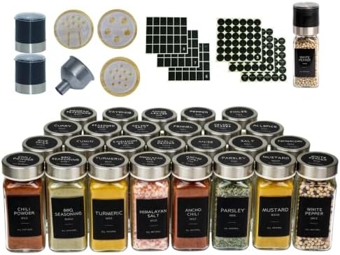 Glass Spice Jars with Labels, Seasoning Jars; 26 Pcs Stainless Steel