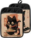 Japanese Sushi Ramen Black Cat Pot Holders, Set of 2