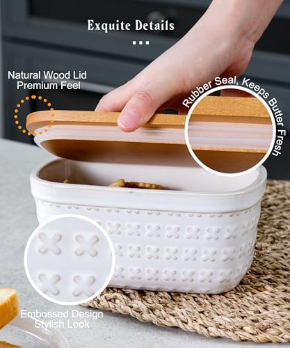 Nucookery Ceramic Butter Dish with Wood Lid for Countertop, Butter