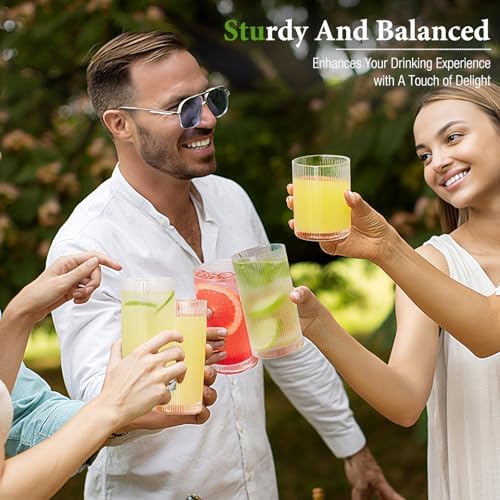 Ribbed Drinking Glasses Cups Set of 8 Large Capacity Highball