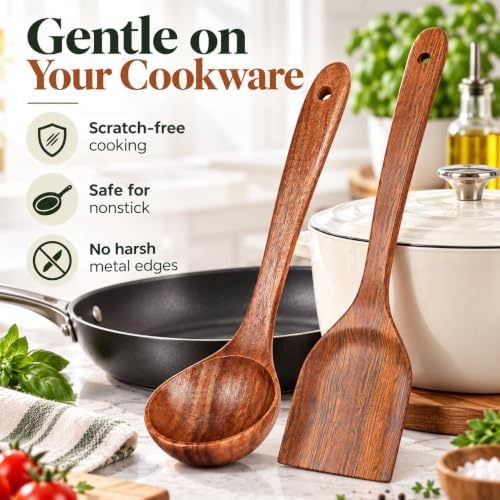 Vasilek Wooden Cooking Utensils, Acacia Wood Spatula & Soup Ladle