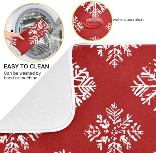 OTVEE Snowflake’ Red Canvas Dish Drying Mat for Kitchen Counter