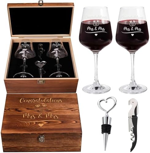 Congrats Mrs. & Mrs. Wedding Wine Glass Set, Lesbian, Wooden Box
