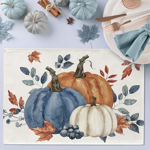 Fall Blue White Pumpkin Placemats Set of 4