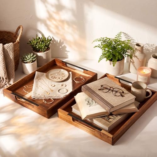 Sliner 2 Pcs Ottoman Trays, 17x13in Acacia Wood Serving Tray with