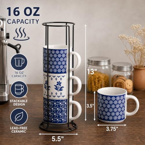 Eorbow 4 Pack Ceramic Coffee Mug Set with Rack, 16 OZ Stackable